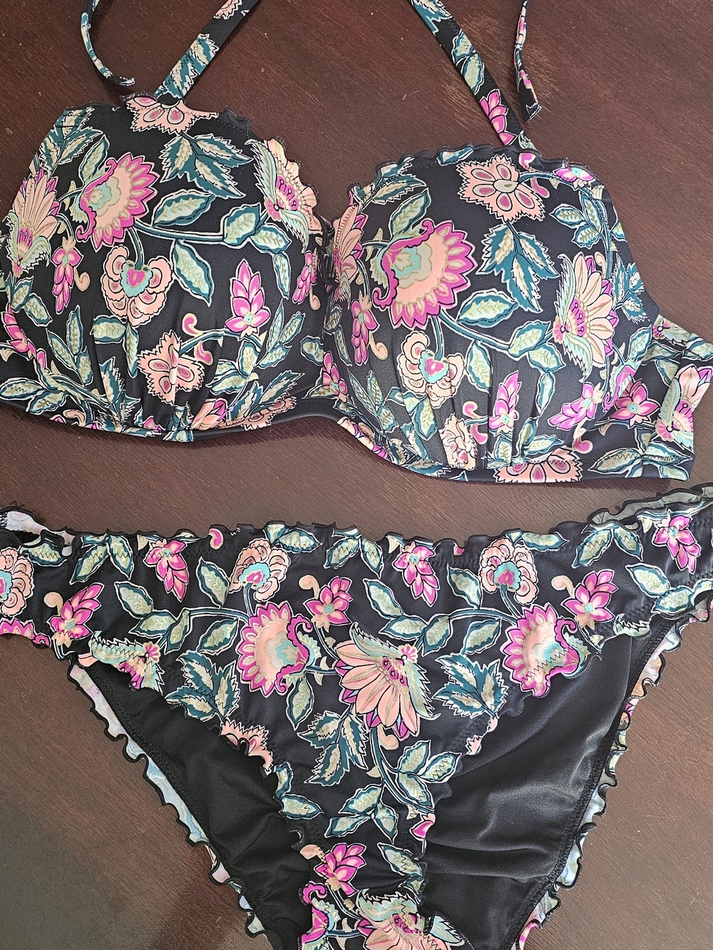 36E (DD) Underwire Bikini Bra & XL Brief Set — Black with Pink & Teal Floral
